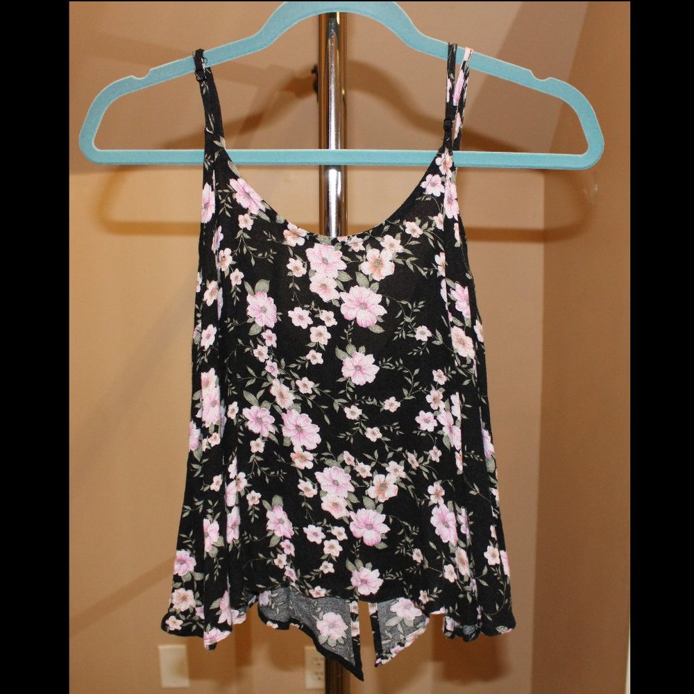 American Eagle Outfitters Black Cropped Top with Pink Flowers and Open Back
